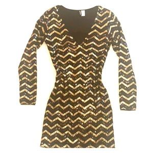 Black and Gold sequin long sleeve mini dress
